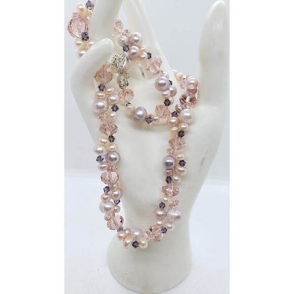 Vintage Genuine Pearl & Crystal Bead Necklace & Earrings Set Germany - Picture 7 of 8